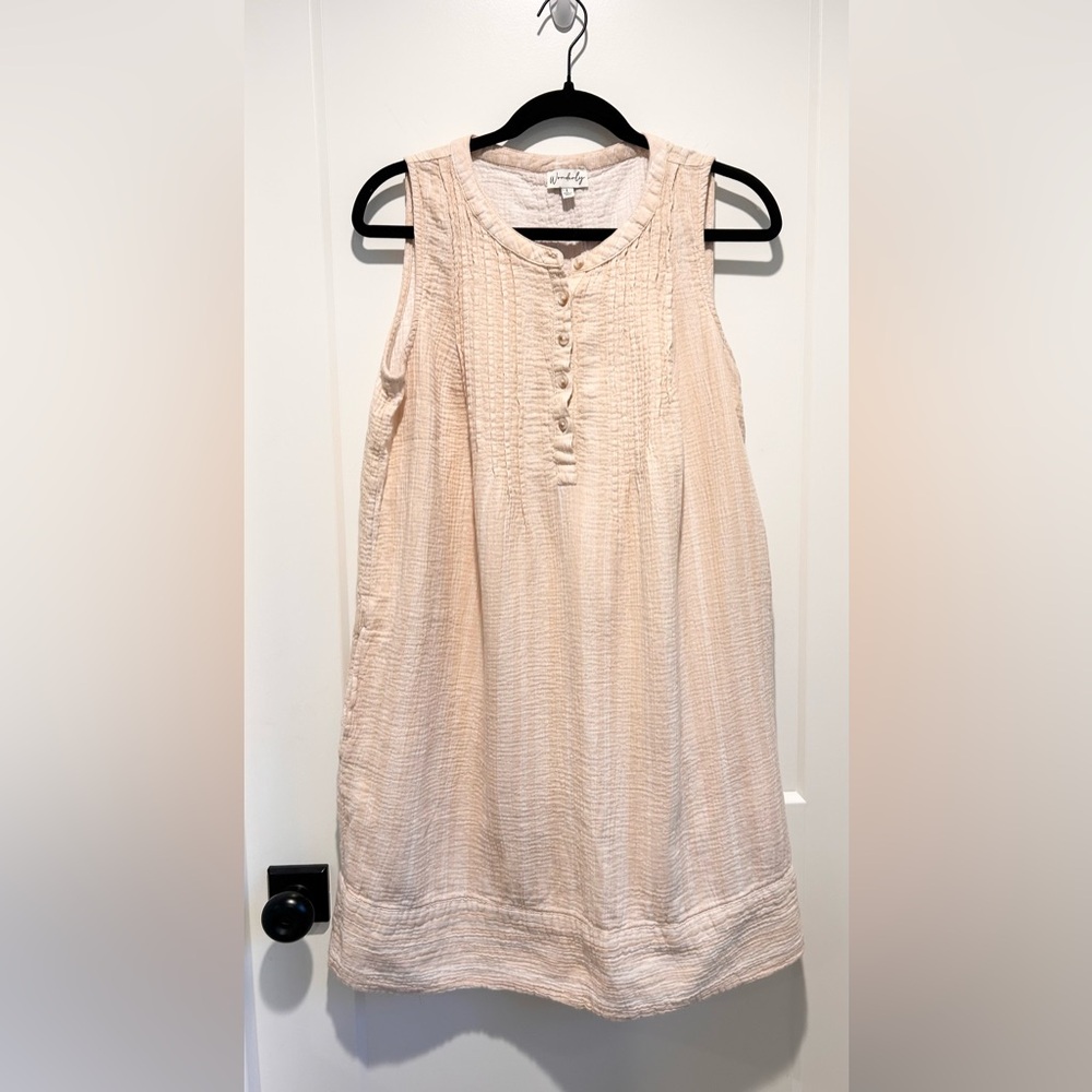 Wonderly Cotton Gauze Beach Cover Up Dress Large Beige Resort Coastal Pockets - Picture 3 of 12
